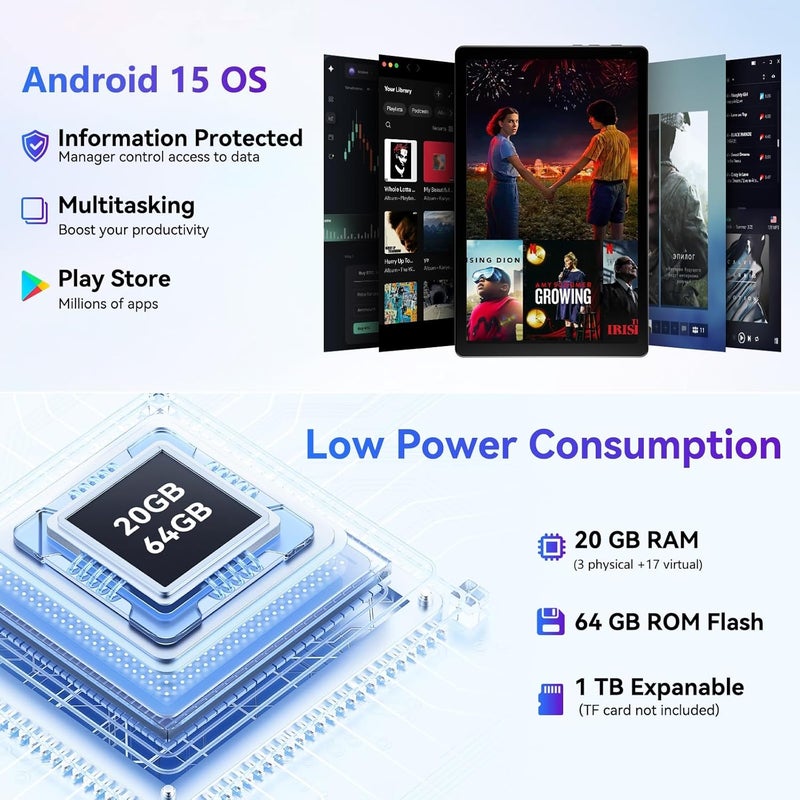 Evermyth تابلت 10 بوصة بنظام أندرويد 15 معتمد من GMS تابلت PC بسرعة 1.8 جيجاهرتز 5-نواة 20 (3+17) جيجابايت RAM 64 جيجابايت ROM قابل للتوسيع حتى 1 تيرابايت شاشة لمس HD IPS بدقة 1280x800 بطارية 5000 مللي أمبير واي فاي 6 بلوتوث 5.4 كاميرا مزدوجة 2025 (أبيض) - Image 3